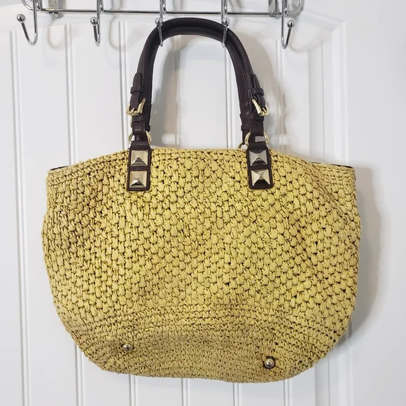 Michael Michael Kors Vintage Large Woven Straw Leather Handbag Satchel Tote - Picture 11 of 15